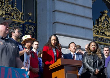 San Francisco, CA - Jan 28, 2025: District Attorney Brooke Jenkins speaking on the steps outside of City Hall re-affirming the cities ongoing status as a Sanctuary City. clipart