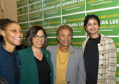 Oakland, CA - February 8, 2025: Former Congresswoman Barbara Lee posing for photos with constituents at her Mayoral Campaign kick off in Oakland, California clipart