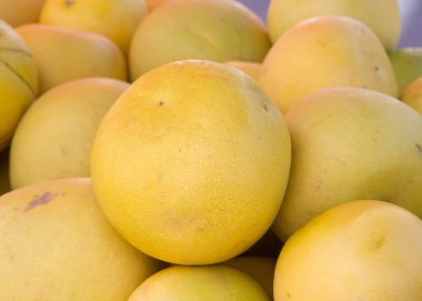 Farmers Market 'te satılık taze Pembe Pomelo' ları yakın çekim. Tatlı bir greyfurta benziyor.