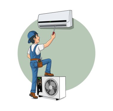 HVAC servis çizgi film karakter tasarımı tasarım vektörü illüstrasyon formatı, tasarım ihtiyaçlarınız, logonuz, illüstrasyonunuz, animasyonunuz vs. için uygundur.