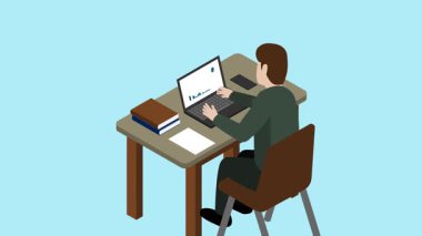 Proje ihtiyaçlarınız için uygun bir dizüstü bilgisayar animasyon video 4K ile çalışan erkek işçi