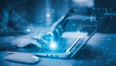 Bilgisayarlı Concept Technology. Önx grafik hologramı olan dizüstü bilgisayar kullanımı, teknik analiz kavramı, dijital yazılım teknolojisi gelişimi, veri işleme, internet ağı teknolojisi kavramı