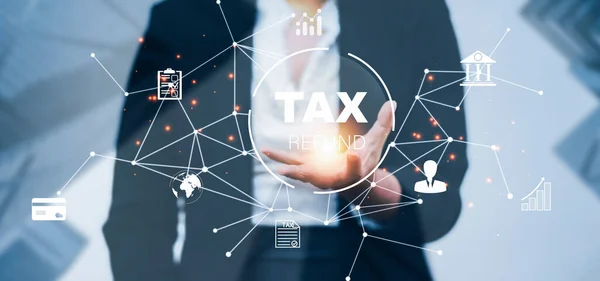 Bizneswoman Strony Trzymać Pasek Tax Refund Zwrot Podatku Działalności Podatkowej — Zdjęcie stockowe
