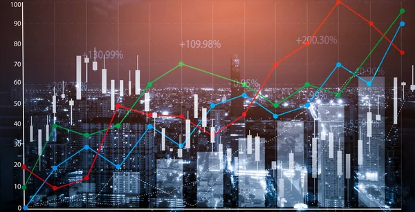 Financiële Grafieken Gloeiende Voorraad Grafiek Wazige Stad Achtergrond Handels Investeringsconcept — Stockfoto