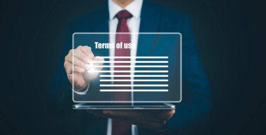 Businessman hand touch graph of Terms of use concept, online banking check budget planning concept banner for website header design,Terms of use business concept. Terms and conditions of contract.