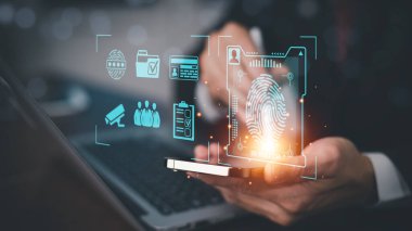 Man touch fingerprint with virtual global with cyber security, login, User, identification information security and encryption, secure access to users personal information, secure Internet access, 