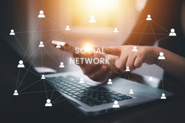 businessman using smartphone with social media, phone with a notification people icon,Social Distancing ,Working From Home concept,international consulting company. Social networking hologram icons.