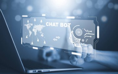 Man using Laptop and touch bar Chat bot Chat with AI, Artificial Intelligence,System Artificial intelligence an artificial intelligence chatbot, Digital chatbot, Robot application, conversation 