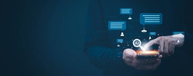 Businessman hold Laptop and touch Chat bot Chat with AI, Artificial Intelligence, System Artificial intelligence an artificial intelligence chatbot, Digital chatbot, Robot application, conversation 