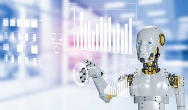 Dijital ekran ile çalışan robot, yapay zeka robotu tarafından kontrol edilen internet bağlantısı ve veri bağlantısını ve siber güvenliği analiz etmek için makine öğrenme süreci, robot 3D 'nin Görünümü 