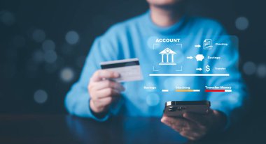 Smartphone ve Online Bankacılık uygulamaları, finans ve bankacılık kullanan iş adamları ve ticari e-ticaret teknolojisi. Çevrimiçi dijital ödeme ve ağ bağlantısı üzerinden alışveriş.