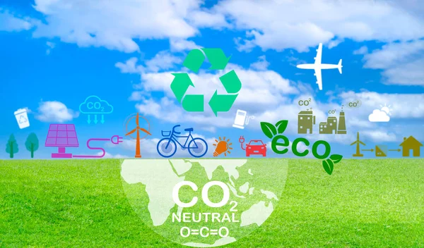 Ecology World Earth Day Concept, Nature green with World with ecology icons on green nature background, planet Earth,Save clean planet,Save world and environment Eco,business based on renewable energy