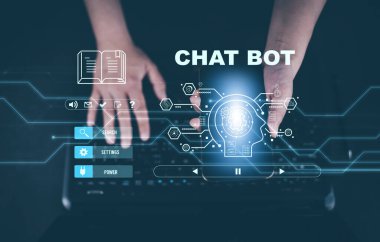 Man using Laptop and touch bar Chat bot Chat with AI, Artificial Intelligence,System Artificial intelligence an artificial intelligence chatbot, Digital chatbot, Robot application, conversation 