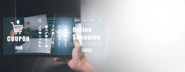 Üzletember Használ Egy Laptop Online Vásárlási Koncepció Piactéren Weboldal Virtuális — Stock Fotó