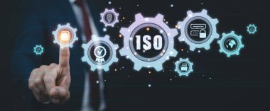 ISO standart kalite kontrol kavramına sahip el bilgisayarı, karanlık arka plan teminatı, dişliler ve dişli tekerlek mekanizmaları, tanımlama bilgi güvenliği ve şifreleme, güvenli erişim
