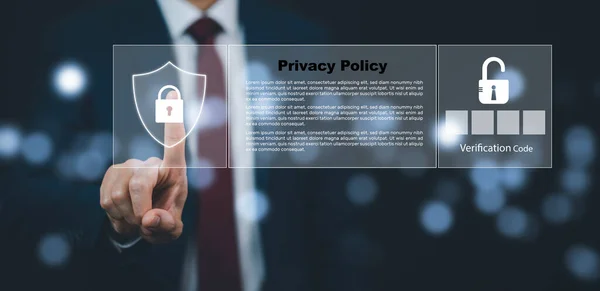 Privacy Policy Service and Document Terms Concept, Business people hand touch with Privacy Policy Service Document technology, Privacy, login performance identification, password, and privacy.
