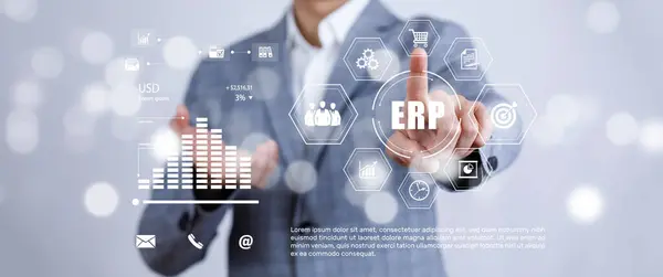 Enterprise Resource Planning ERP Corporate Company Management Business Internet Technology Concept, Businessman using laptop with document management, enterprise resource management software system
