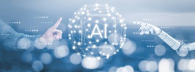 Insanlar el ve El robotları sanal ekran yapay zeka yazılım mühendisi laptop bilgisayarlarında teknoloji ikonları ve ikili kod ile kodlama, büyük veri, kodlama Ai robot dijital