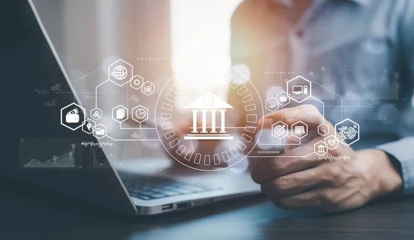 Stock image finance and banking digital, businessmen holding online banking and payments, Finance and banking networks. AI, Customer networking connection, Digital marketing. cyber security. Business technology.