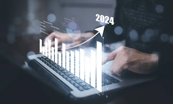 Зміни Новому Плануванні Рука Ноутбуком Під Номером 2024 Новий Рік Ліцензійні Стокові Зображення