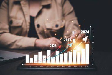 İş planlaması ve grafikle yeni yıl 2024 Analitik iş planlama iş büyümesi 2024, strateji dijital pazarlama, planlama, 2024 Konsepti 'nde meydan okuma stratejisi.