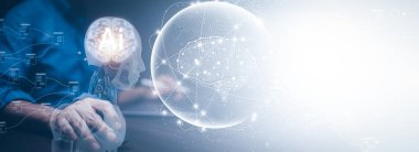 Yapay zeka teknisyeni, akıllı bir yapay zeka sohbet robotuyla sohbet eden iş adamı OpenAI, yapay zeka, gelecekteki teknoloji dönüşümü, eğitim arayışı.