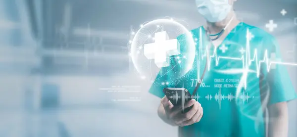 Medicine doctor use smartphone with blue helix DNA structure on hologram modern virtual screen interface and diagnose healthcare on digital network, Science, Medical technology and futuristic concept.