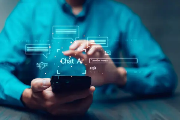 Ai tech, Business person  show virtual graphic Global Internet connect Chatgpt Chat with AI, Artificial Intelligence. using command prompt for generates something, Futuristic technology transformation.