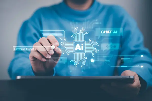 Ai tech, Business person  show virtual graphic Global Internet connect Chatgpt Chat with AI, Artificial Intelligence. using command prompt for generates something, Futuristic technology transformation