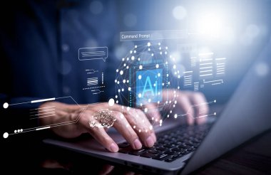 Dizüstü bilgisayarlarla ya da akıllı telefonlarla çalışan programcılar, dizüstü bilgisayarlarda teknoloji ikonları ve ikili kodlarla kodlayan yapay zeka mühendisi, büyük veri, yapay robot dijital makine