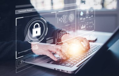 El bilgisayarı kullanarak güvenlik şifresi girişi çevrimiçi siber veri koruması internet güvenlik teknolojisi konsepti Chatbot yapay zeka ile sohbet. 