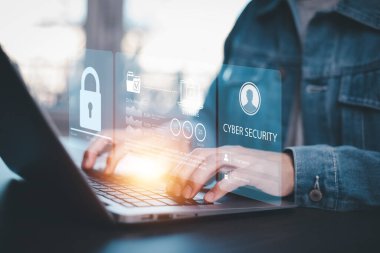 Siber güvenlik ve güvenlik şifre girişi Çevrimiçi konsept Eller yazma ve dokunmak ID kullanıcı adı ve sosyal medya parolası, bilgisayarla çevrimiçi önemli bilgiler, veri koruma hackerı