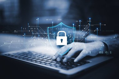 Siber güvenlik ve güvenlik şifre girişi Çevrimiçi konsept Eller yazma ve dokunmak ID kullanıcı adı ve sosyal medya parolası, bilgisayarla çevrimiçi önemli bilgiler, veri koruma hackerı