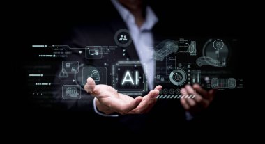 Dizüstü bilgisayarlarla ya da akıllı telefonlarla çalışan programcılar, dizüstü bilgisayarlarda teknoloji ikonları ve ikili kodlarla kodlayan yapay zeka mühendisi, büyük veri, yapay robot dijital makine