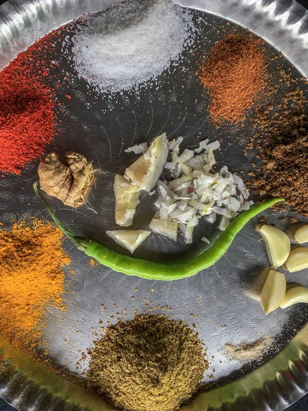 stock image 28 Jun 2020 Puneri misal Ingredients Salt; Garam Masala; Goda Masala; Green Chilli; Ginger; Garlic; Turmeric; Dhania Jeera Powder; Grated Coconut Lokgram Kalyan Maharashtra India