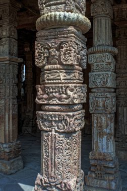 09 27 2009 Exquisitly carved columns of Quwwat-ul-Islam Mosque at    Qutub minar,A unesco world heritage site,tallest brick minaret of the world,New Delhi, India
