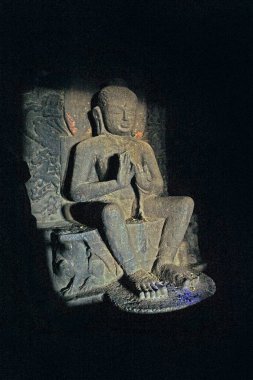 04 15 2009 Cave 20, 10 feet Buddha seated in pralambapadasana on a lion throne with teaching attitude posture, Pandavleni Caves, Nasik, Maharashtra.India.