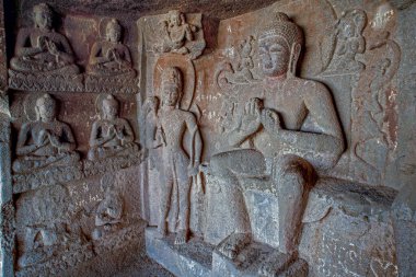04 15 2009 Buddha statues in cave temple hinyana pandav caves first century BC to second century AD, Satavahana, Nashik Maharashtra India.