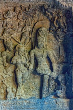 12 12 2006 Kalyanasundara: the wedding of Shiva and Parvati.in side Elephanta Caves 2nd century BC Gharapuri near Mumbai Maharashtra India