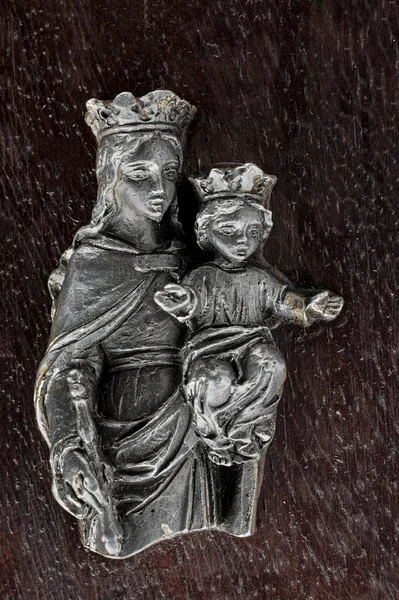 2015 Vintage Mały Idol Maryi Dzieciątka Jezus Drewnianej Desce Studio — Zdjęcie stockowe