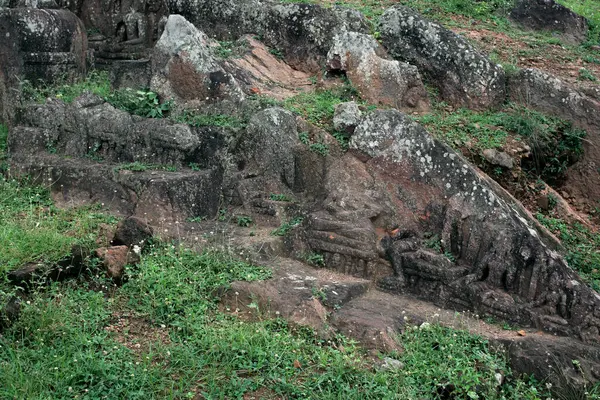 2007 Vintage Ancient Rock Cut Votive Stupas Langudi Hillock Northern — Zdjęcie stockowe