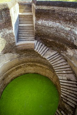 11 26 2006 Vintage Old Helical stepwell, UNESCO dünya mirası 1.2 metre genişliğindeki merdiven kuyu kuyusu, Champaner, Gujarat, Hindistan ve Asya 'nın duvarlarından aşağı sarkıyor.