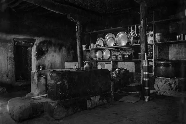03 04 2019 Vintage Old Black and White Photo of Kitchen Monestery -Kee near KAZA-Himachal Pradesh INDIA Asia.