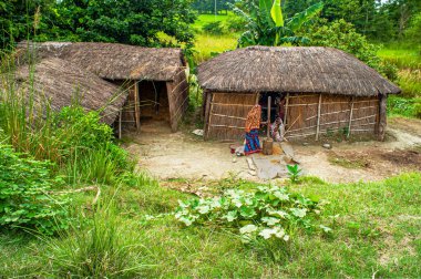 08 27 2008 Village Woman Pounding Mill Geleneksel sazdan çatı tarafı Bihar Kesariya 'dan Salimpur Bihar Hindistan Asya' ya.