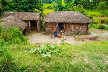 08 27 2008 Village Woman Pounding Mill Geleneksel sazdan çatı tarafı Bihar Kesariya 'dan Salimpur Bihar Hindistan Asya' ya.