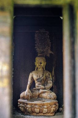 08 29 2008 Vintage Old Buddha içinde Wooden Spirit evi içinde Buddha Vihar, Lumbini Dharmodaya, UNESCO Dünya Mirası alanı, Gautam Buddha doğum yeri Lumbini, Nepal Asya.