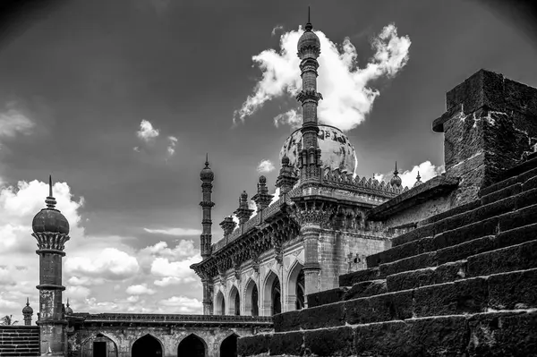 stock image 06 04 2008 Vintage Black and White Photo of Old Heritage Architecture Ibrahim Rauza, a Mughal mausoleum which partially inspired the Taj Mahal.  Bijapur, India Asia.