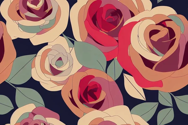 Square composition with abstrct vintage roses. 2d illustrated seamless pattern with stylized multicolor roses.