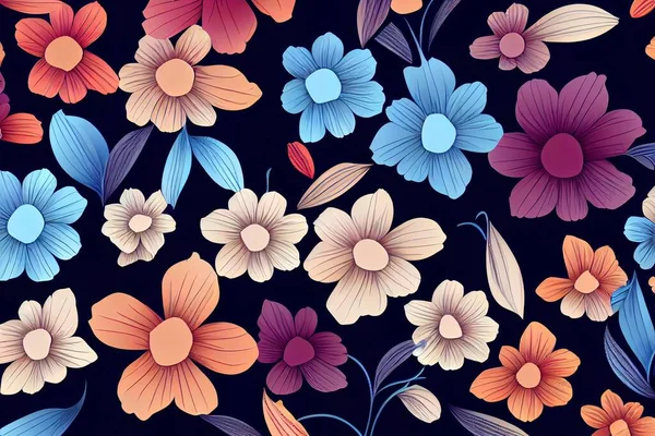 abstract solid 2d illustrated flowers full arrangement, all over design with solid medium color background for textile printing factory
