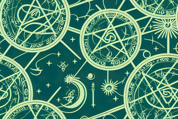2d illustrated illustration, Alchemy, magical astrology, spirituality and occultism, print on t shirt, Handmade, green background, seamless pattern